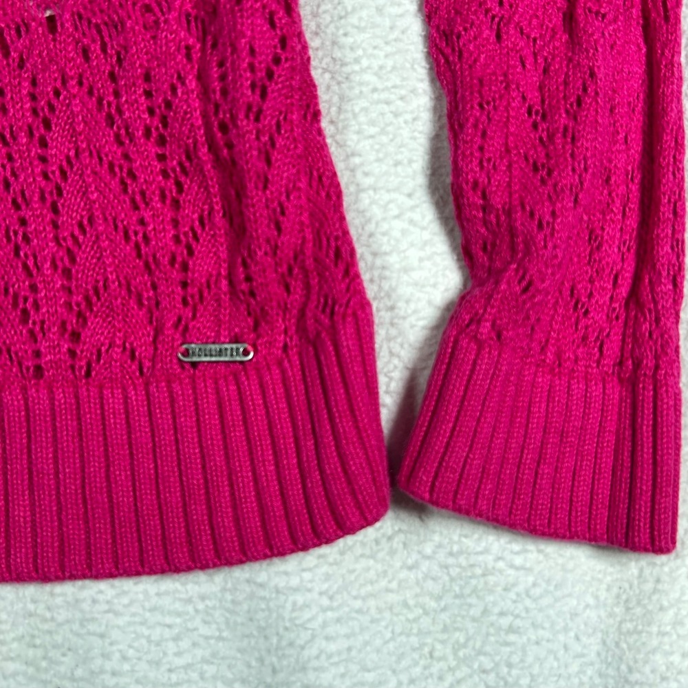 Hollister Women Hot Pink Pointelle V-Neck Open Knit Chevron Sweater Medium Lace - Picture 3 of 7